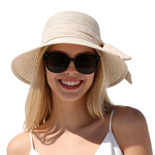 LHHMZ Womens Wide Brim Straw Hat, Summer Beach Sun Hats, Foldable Outdoor Summer Beach Hat Beige
