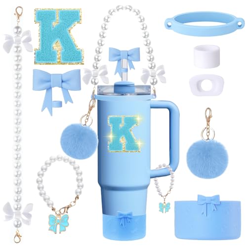9pcs Stanley Cup Accessories Set- for 30oz 40oz Tumblers with Handle - Bule Kit Includes Bow Straw Topper and Boot Charm Pearl Handle Strap & Stickers - Aesthetic Girl Gifts (K)