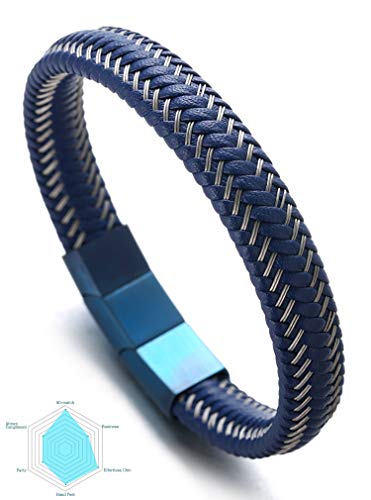 Halukakah ● Jazz ● Men's Genuine Blue Leather Bracelet Titanium Magnetic Clasp Size Adjustable 8.5"-9"(21.5-23Cm) With Free Giftbox(Jazz Blue) #TOP3