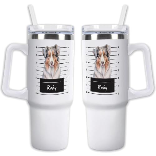 GABSHAIM Custom White Tumbler Double-Layer Insulation Dog Travel Coffee Cup with Handle & Straw Lid Double Sided Printed Travel Mug Australian Shepherd Pattern Design 40 oz