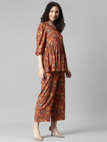 Image of DEEBACO Women's Paisley Print Rayon Top & Pants Co Ord Set For Women V Neck Long Puff Sleeve Ladies Party Casual Wear Fashionable For Girls Loose Fit Cord Set (DBCOMR00001033 XL Multicolor)