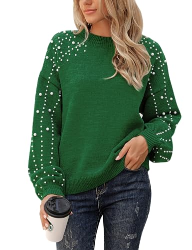 Image of Blooming Jelly Women's Chunky Sweater Crewneck Sweatshirt Knit Lantern Sleeve Oversized Pullover Sweater with Pearls