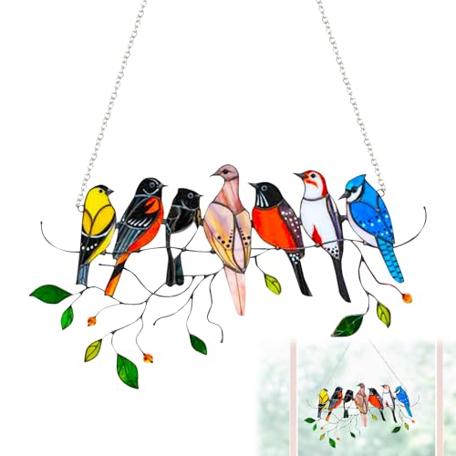 1PCS Garden Suncatcher Birds Ornaments Multicolor Birds on a Wire 7 Birds Window Suncatchers Hanging Ornament for Bird Lover Suncatcher for Window Home Garden Outdoor Wall Fence Decorations