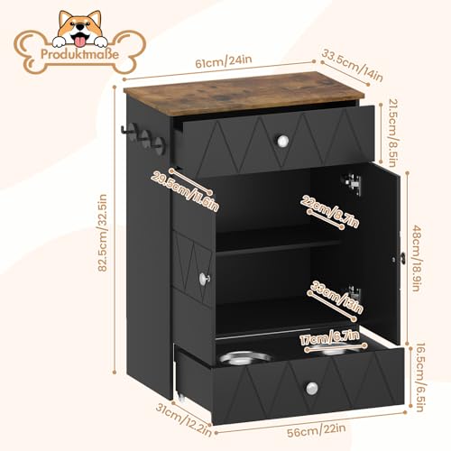 Haustier-Futterschrank mit Lagerschrank, Futterschrank Hund mit 2 Edelstahlnäpfen & 3 Haken, Hundefutterstation mit Schubladen & Verstellbarer Ablage, Hundebar für Hunde, 61x35,5x82,5cm (Schwarz)