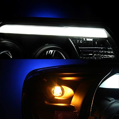 Close-up of the illuminated LED DRL strip and amber turn signal on the AKKON headlight.