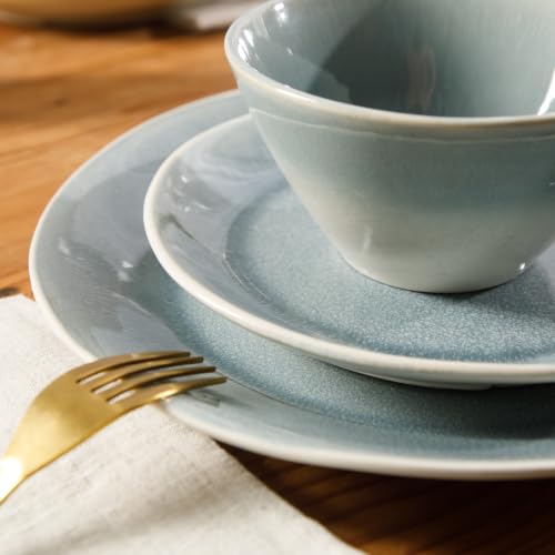 Image of Gibson Elite Plates and Bowls Set, 12 Piece Stoneware Dinnerware for 4 | River Delta Collection - Ceramic Dishes, Reactive Glaze Ombre Blue, Microwave Safe Dishware, Chip Resistant, Family Dining