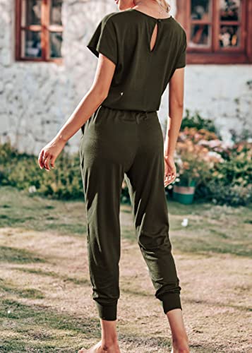 Kirundo 2023 Women's Casual Summer Jumpsuits Short Sleeve Crewneck Drawstring Elastic Waist Jumpsuit Romper With Pockets(Army Green, Medium) #TOP4