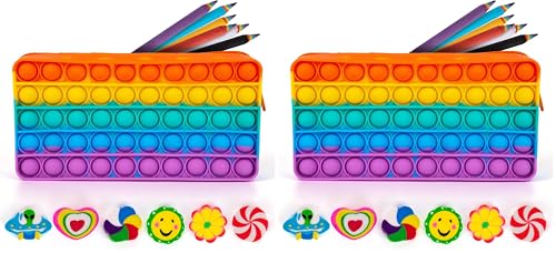 Image of ArtCreativity Pop It Pencil Case for Kids - Silicone Pop Up Case with 6 Colorful Pencils and 6 Erasers - Sensory Fidget Pouch for Boys and Girls (Pack of 2)