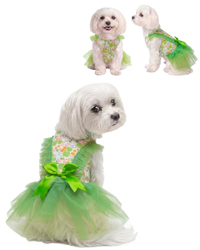 Image of CuteBone Spring Green Floral Pet Dress for Small Dogs, Cats - Double-Layer Ruffled Skirt - Satin Bow - Garden, Picnic Dress