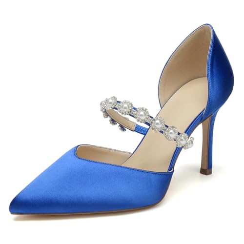 WeFloHsL Zapatos De Novia Tacón De Aguja Satén Mujer Punta Cerrada Tiras De Perlas Zapatos De Boda Noche,Azul,39 EU