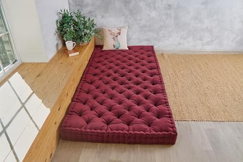 Image of ATOOTFUSION Soft Cotton Floor Box Mattress, 5-Inch Thick, Foldable, Movable, Medium Firm, Solid Colored (Maroon, Double Bed 72X72X5 Inches)