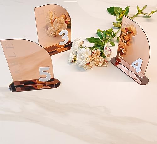 Hochzeitstischnummern, halbgewölbt, verspiegelt, Acryl, Tischnummern für Partys, Veranstaltungen, Anlässe (Nummer 1–20, Roségold-Spiegel)