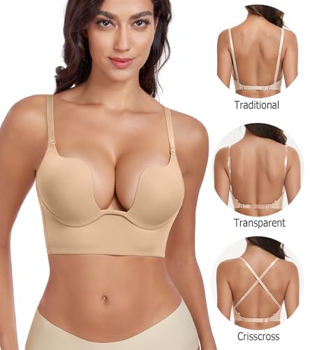 Women's Backless Deep Plunge Bra U Neckline Push Up Low Cut Supportive Underwire Bras3