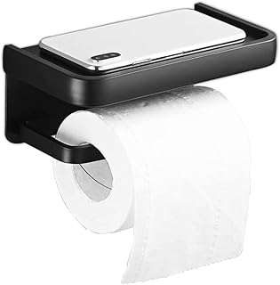 SUS 304 Stainless Steel Modern Paper Towel Holder, Toilet Paper Holder with Shelf, Toilet Paper roll Holder, Toilet Paper Holder Wall Mount, Bathroom Adhesive Toilet Paper Holder(Matte Black)