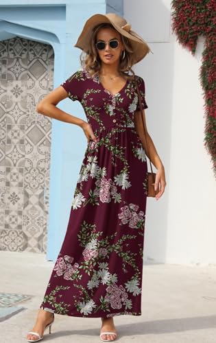 Image of GRECERELLE Womens Summer Long Maxi Dresses 2026 Short Sleeve V Neck Casual Button Dress with Pockets
