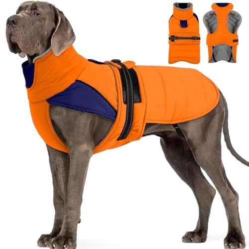 Image of MIGOHI Thermal Large Dog Fleece Jacket - Rainproof Coat for Large Dogs, Thick Dog Winter Coat,Snow Jacket for Dogs Windproof for Hunting Camping,Windy Chilly Days,Doberman,Great Dane,3XL,Orange