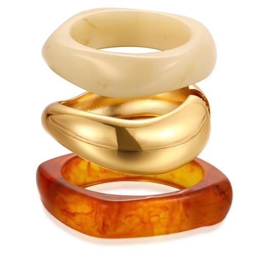 Chunky Gold Acrylic Bangle Bracelets for Women Dainty 14k Gold Plated Big Stackable Orange Bangles Set Trendy Cuff Bracelet Summer Beach Jewelry Gifts Amber Bangle