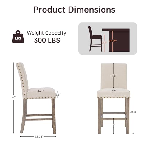 Butacos de barra, juego de 2 unidades, altura para barra (25,5 pulgadas), tapizados en lino con respaldo ergonómico y patas de madera, color gris desgastado, para cocina, isla o bar en casa miniatura 2
