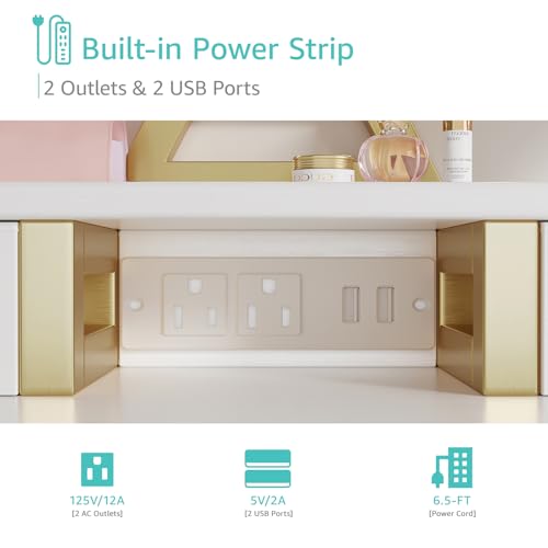 Image of Small Makeup Vanity Desk with Lights, 31 inch Girls Vanity Set with Mirror and Chair, Make Up Dresser Table with Drawers and Power Outlet for Bedroom Small Space, White and Gold