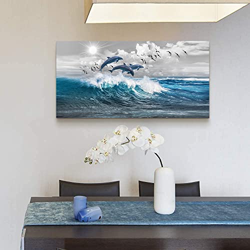 Wall Decorations For Living Room Large Size Canvas Wall Art For Bedroom Blue Waves Of The Sea Wall Pictures Artwork Modern Office Canvas Art Print Dolphins Wall Paintings Ready To Hang Home Decor #TOP2