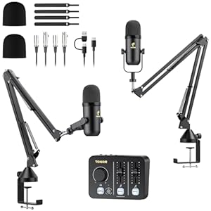 TONOR Podcast Equipment Bundle for 2, Audio Mixer with 2 Dynamic Microphone and 2 Boom Arm Set, XLR Mic with Studio Audio Interface, All-in-One Pack for Podcasting, Recording, Youtube, Tiktok, POD-2