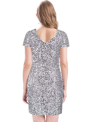 Image of MANER Women's Sequin Glitter Short Sleeve Dress Sexy V Neck Mini Party Club Bodycon Dresses