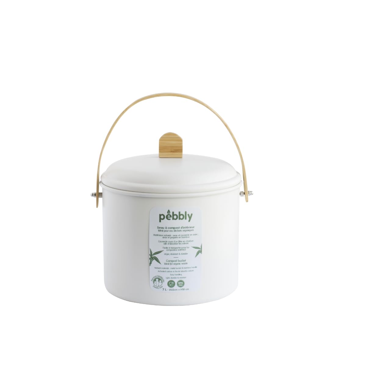 Pebbly Compostemmer van staal met bamboe handgreep voor binnen, inclusief houtskoolfilter tegen geurtjes, elegante, duurzame, lichte en stevige emmer, lekvrij, 7 liter, 22 x 25 cm