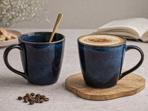 Image of Bodhi House Handcrafted Ceramic Coffee Mug Set of 2 Pieces (350 Ml), Stoneware Tea Cup, Microwave Safe Large Milk Mug, Glossy Finish, Ideal for Daily use, Casual Gatherings and Gifting, Reactive Blue