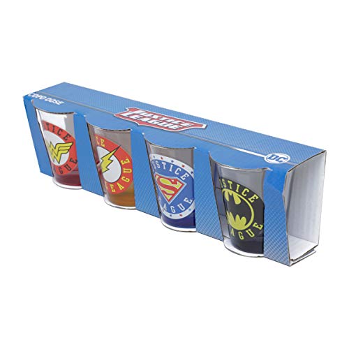 SET C/4PC COPO DOSE VIDRO DC OR JUSTICE LEAGUE LOGOS COLORIDO 5X3,5X6CM 50ML