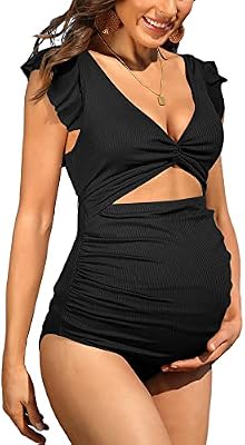 Charmo V‑Neck Maternity Swimsuit – Ruffle Detail One‑Piece High‑Cut Black Bathing Suit