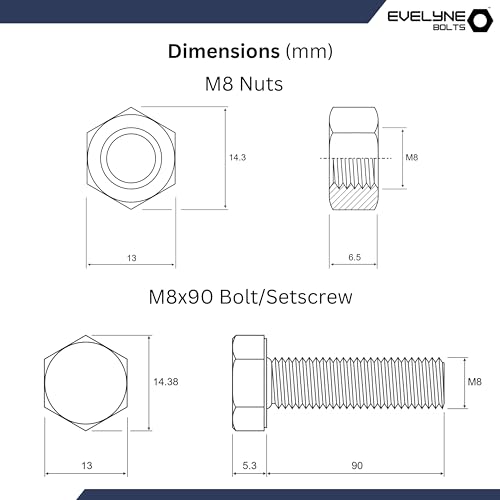 M8 Nuts & Bolt 10 Pack (M8 x 90mm Bolts & M8 Nuts) Hex Bolt/Setscrew Fully Threaded, Silver - Image 3