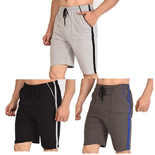 Image of Unisex (Pack of 3) Sports Shorts Zip Pockets (Black, Red, Darkblue Free Size 26 to 36 inch Waist)
