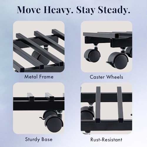 Image of UTKARSH Metal Plant Stand with Wheels - Pack of 2 | Heavy Duty Pot Holder for Home, Balcony & Garden | Square Metal Flower Pot Trolley for Indoor Outdoor Use | Black