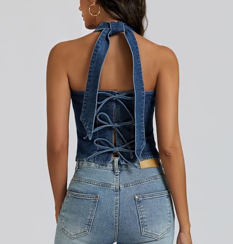 Ladyful Halter Denim Vest Top for Women V Neck Jean Vest Waistcoat Sleeveless Back Tie Cowgirl Top Western Outfits2