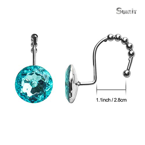 Sunlit Luxury Design Round Teal Diamond Crystal Gem Bling With Glide Balls Shower Curtain Hooks For Mermaid Shower Curtains, Rust Proof Metal Rhinestones Glam Shower Curtain Rings-12 Pack #TOP1