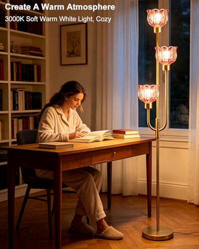 Image of Lightdot 3-Lights Modern Glass Floor Lamp 66IN Gold Dimmable Floor Lamps with 3000K Warm White Bulbs for Wedding Party Tall Standing Lamp with Deep Red Glass Shade for Living Room /Bedroom /Home Decor