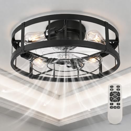 Garvee 20" Ceiling Fan with Lights and Remote, Black Cage Ceiling Fan with Light, Low Profile Flush Mount Ceiling Fan with LED Light, Iron Cage Fan Light for Bedroom Living Room Kitchen Indoor