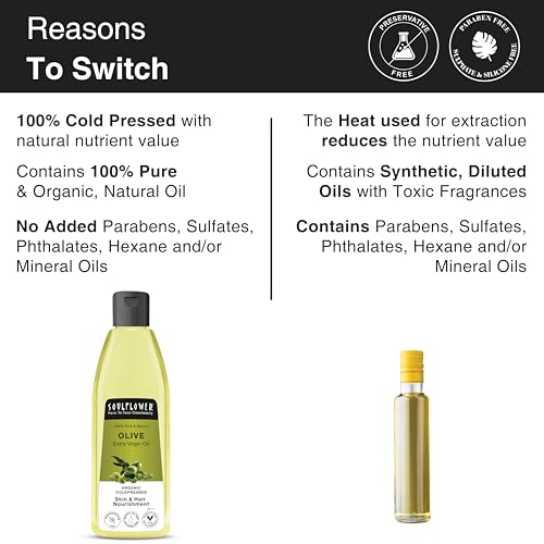 Image of Soulflower Olive Hair Oil for Hair Growth, Anti Hair Fall, Strong Hair & Repair Damaged Hair, Moisturizer for Fine Lines & Wrinkles, Makeup Primer, 100% Pure & Natural Coldpressed, 225ml (Pack of 2)