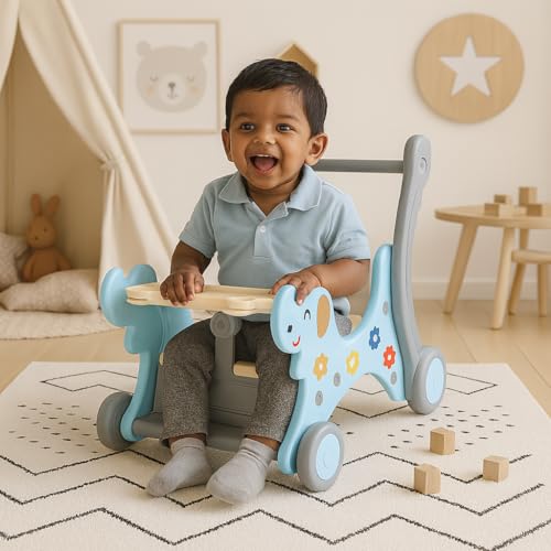 Image of Playgro Puppy Sit On Ride-On Cum Rocker Toy for Kids | Toddler Baby Rocker Ride-On Toys with Parent Push Handle Bars, Front Guard & Safety Seat Belt to Support Kids | Best for Gift | Age 24+ Months