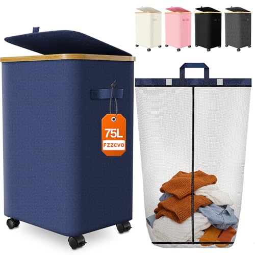 Image of Laundry Hamper with Wheels, 75L Large Clothes Hamper with Removable Inner Bag, Collapsible Dirty Clothes Basket for Dorm, Rolling Dirty Clothes Basket for, Bedroom, Bathroom, Laundry Room