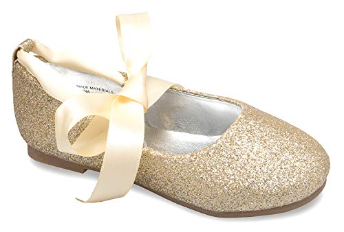 Olivia K Girls Adorable Ballerina Mary Jane Flats Ribbon Tie Shoes, Gold Glitter Y2 #TOP1