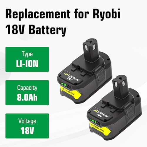 2-Pack 8.0Ah High Capacity Replacement for Ryobi 18V Battery, Compatible with Ryobi 18 Volt Lithium ion Battery P108 P107 P105 P104 P103 P102 Cordless Tools(Green)