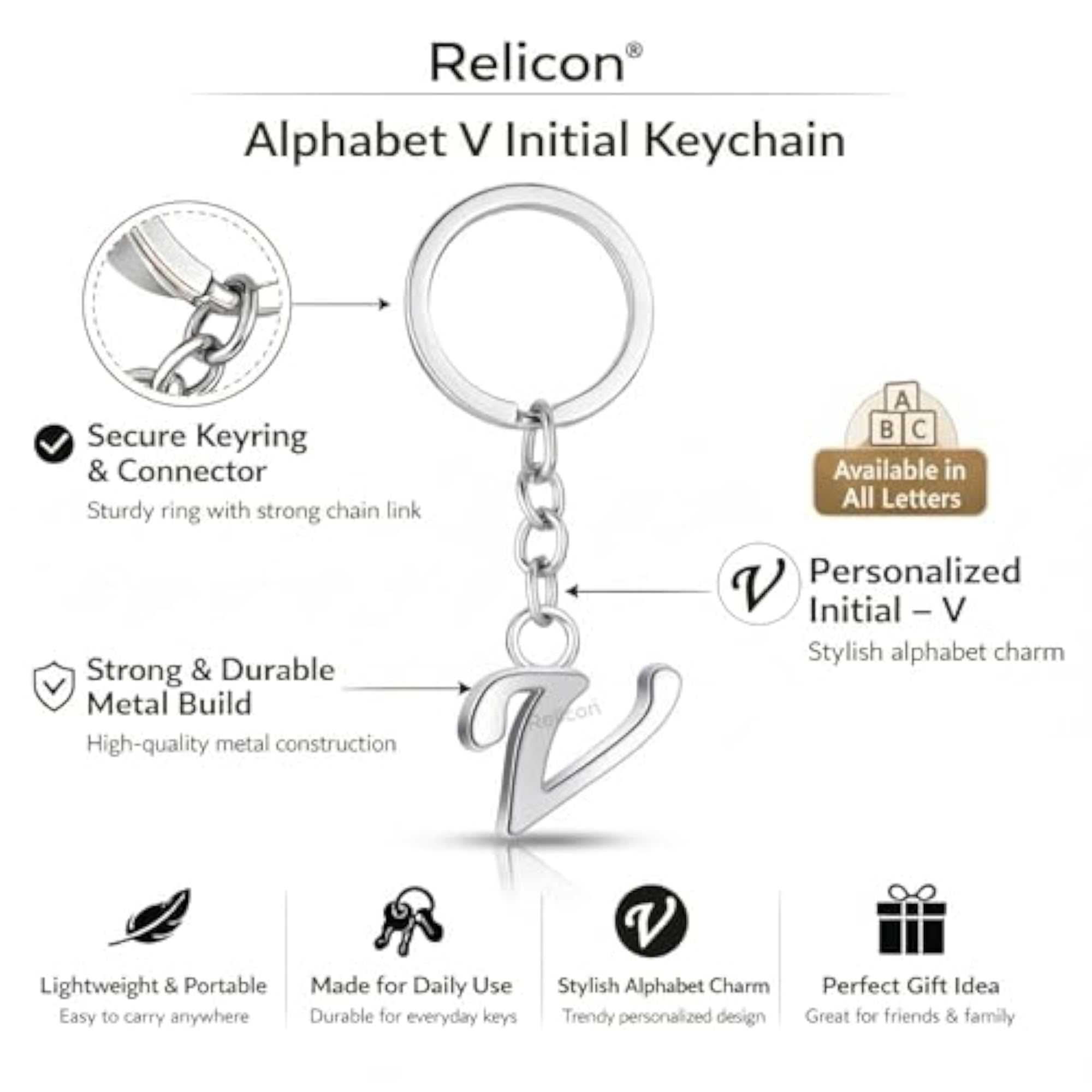 Alphabet Keychain - Letter V Metal Initial Key Chain