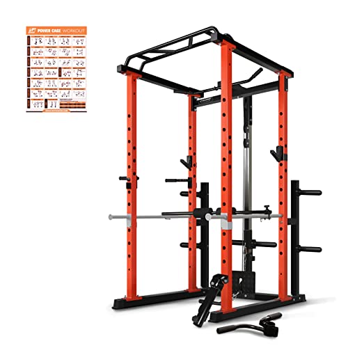 RitFit Power Cage with LAT Pull Down and 360° Landmine, 1000LB Capacity Power Rack Full Home Gym for Weightlifting, Come with J-Cups,Dip Bars and Other Attachments (2023 Version)-Orange 
