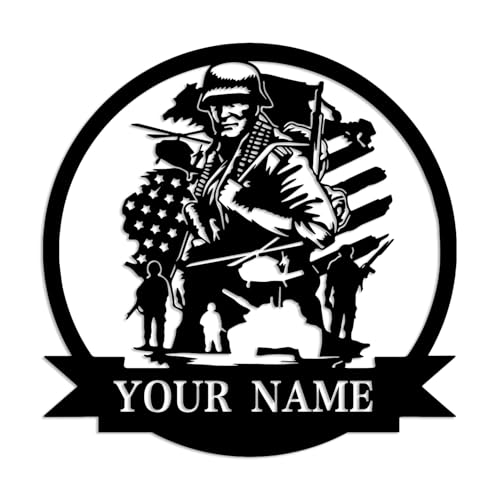 Custom US Soldier Military Wall Art - Personalized Army Soldiers Silhouette Name Metal Sign, Comrade-in-arms, Retirement Gifts (Style C)