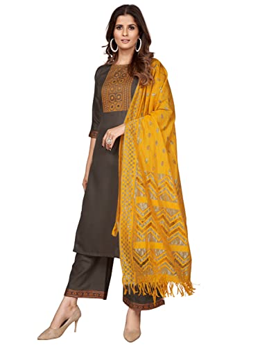 Image of Vbuyz Women's Cotton Blend Solid Straight Stitched Kurta Palazzo with Dupatta (VF-KU-1916-SKD-42 Grey X-Large)