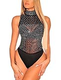 SEBOWEL Women Studded Mock Neck Bodysuit Mesh See Through Sleeveless Jumpsuit Rompers Top, Black, L