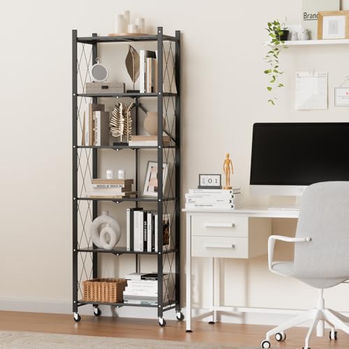 Image of ALANNG 73.6 Inch Folding Bookshelf, 6 Tier Metal Bookcase and Bookshelves | Tall Shelves for Living Room Office Bedroom, Heavy Duty Book Shelve Free Standing Open (Black, 3PACK)