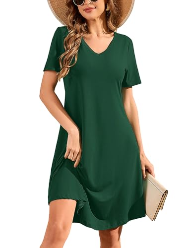 Image of DEARCASE Summer Dresses for Women V-Neck Short Sleeve T Shirt Dress Casual Flowy Swing Beach Vacation Mini Sundress