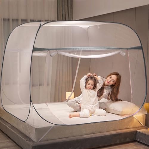 Image of HASTHIP Pop-Up Mosquito Net Tent for Double Bed, 200 * 150 * 150Cm, Dual Zip Doors, Secure Mattress Straps, Foldable Universal Frame, Breathable Mesh, Durable & Elegant Design, Easy Storage, Blue